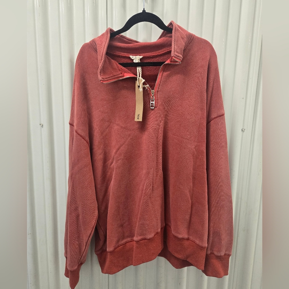 NWT POL Women's Stone Wash Red Zip-Up Top. Small Oversized